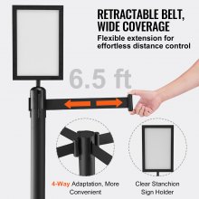VEVOR Crowd Control Stanchions, 6-Pack Crowd Control Barriers, Carbon Steel Baking Painted Stanchion Queue Post with Sign Holder & 3PCS 6.5FT Retractable Belt, Belt Barrier Line Divider, Easy Assembly