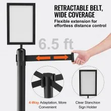 VEVOR Crowd Control Stanchions, 6-Pack Crowd Control Barriers, Carbon Steel Baking Painted Stanchion Queue Post with Sign Holder & 3PCS 6.5FT Retractable Belt, Belt Barrier Line Divider, Easy Assembly