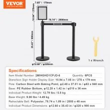 VEVOR Crowd Control Stanchions, 6-Pack Crowd Control Barriers, Carbon Steel Baking Painted Stanchion Queue Post with Sign Holder & 3PCS 6.5FT Retractable Belt, Belt Barrier Line Divider, Easy Assembly
