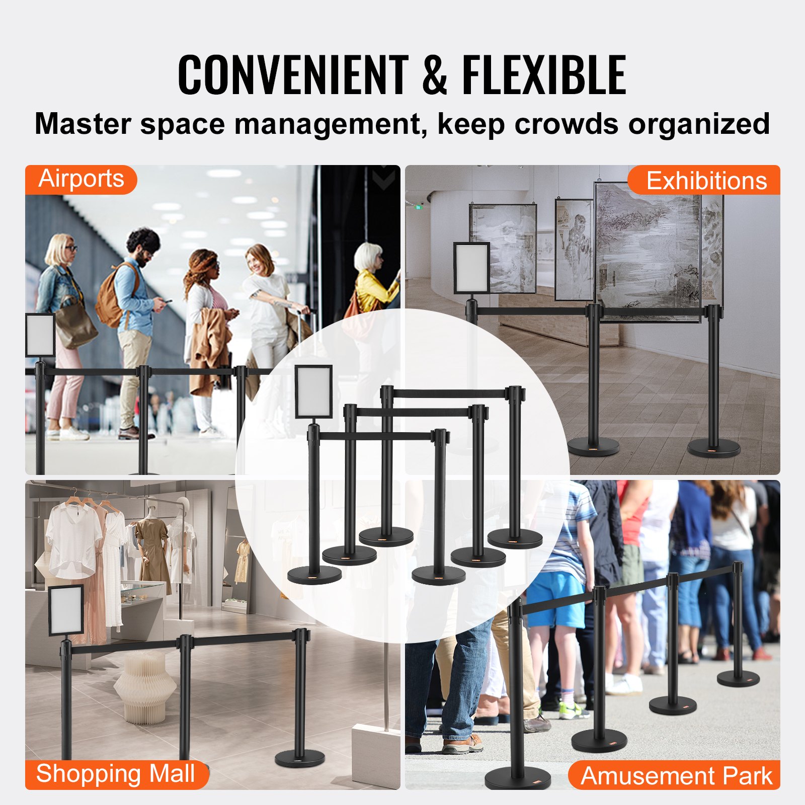 VEVOR Crowd Control Stanchions, 6-Pack Crowd Control Barriers, Carbon Steel Baking Painted Stanchion Queue Post with Sign Holder & 3PCS 6.5FT Retractable Belt, Belt Barrier Line Divider, Easy Assembly