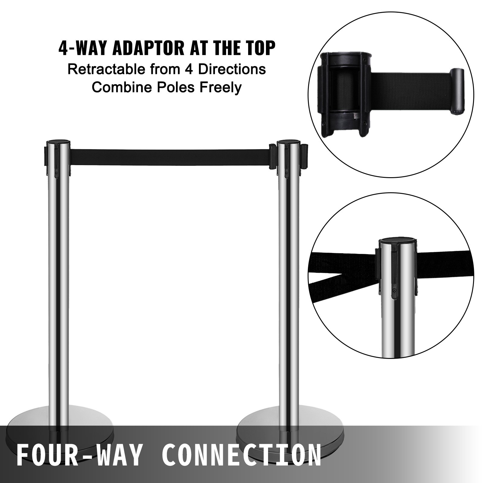 VEVOR Crowd Control Stanchion, 6-Pack Crowd Control Barrier, Carbon Steel Baking Painted Stanchion Queue Post with 3CS Retractable Belt & Fillable Base, Belt Barrier Line Divider, Easy Assembly