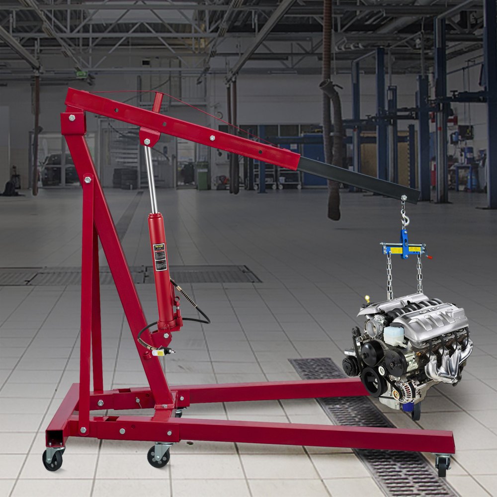 VEVOR Hydraulic/Pneumatic Long Ram Jack, 8 Tons/17363 lbs Capacity, with Single Piston Pump and Clevis Base, Manual Cherry Picker with Handle, for Garage/Shop Cranes, Engine Lift Hoist, Red