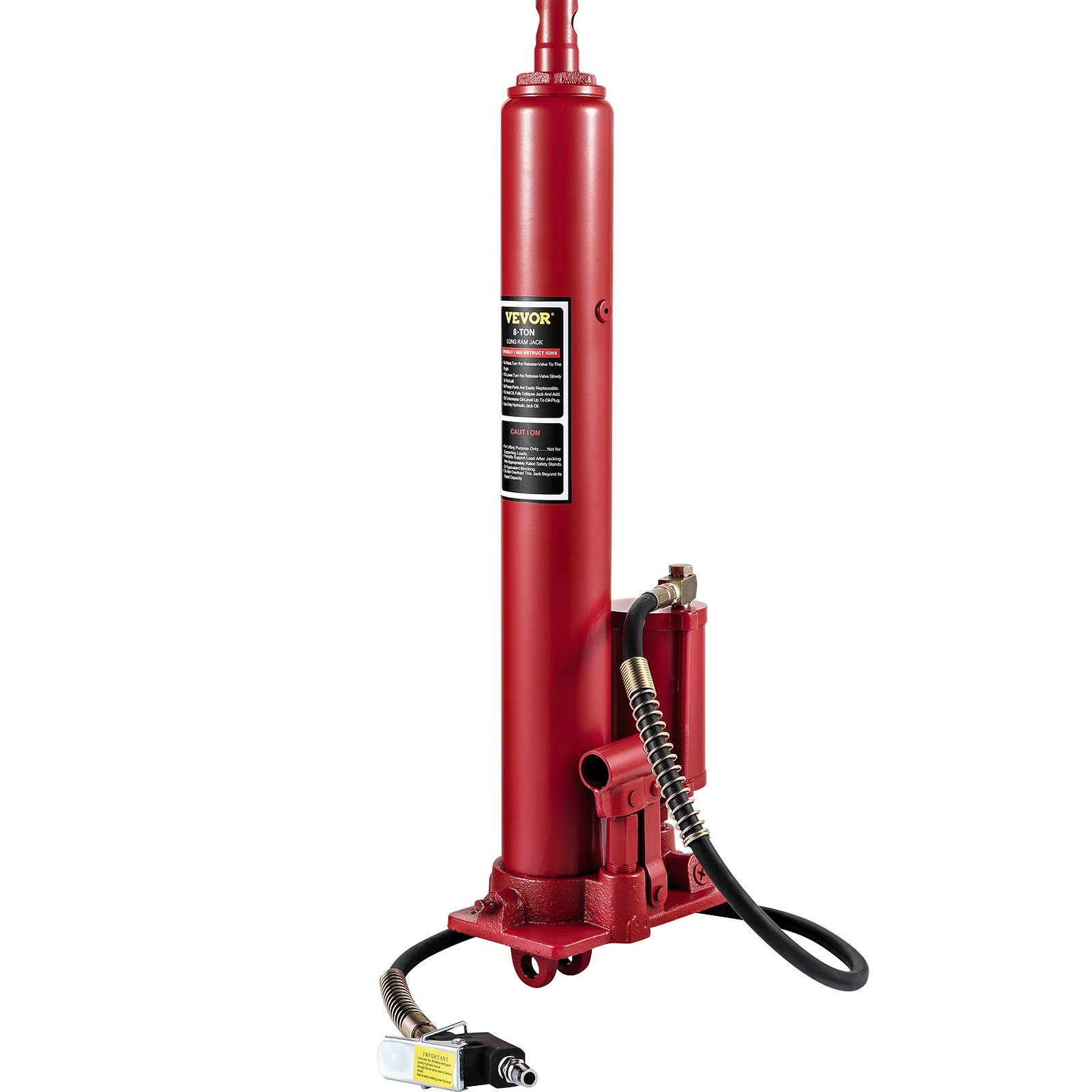 VEVOR Hydraulic/Pneumatic Long Ram Jack, 8 Tons/17363 lbs Capacity, with Single Piston Pump and Clevis Base, Manual Cherry Picker with Handle, for Garage/Shop Cranes, Engine Lift Hoist, Red