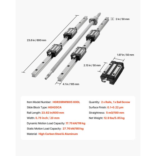 Lineaarjuhikute komplekt HGR20, 2x 600 mm rööpad, 1x kuulkruvi — pilt 7