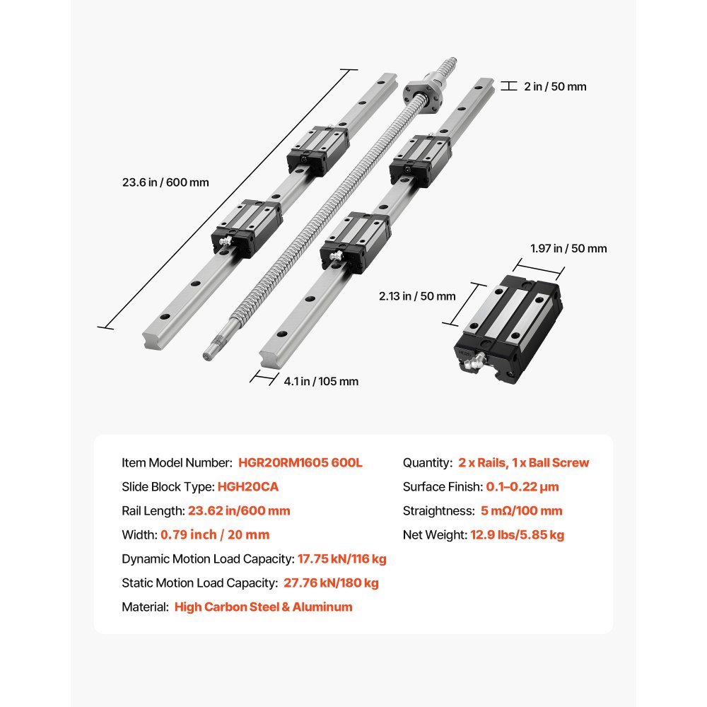 VEVOR Linear Rail Guide Kit, HGR20, 2PCS 600 mm (23.62 inch) Linear Rails and 1PCS Ball Screw, 4PCS Slide Blocks, with BF12/BK12 End Support, Coupling, and Nut Housing, for DIY CNC Routers Lathes