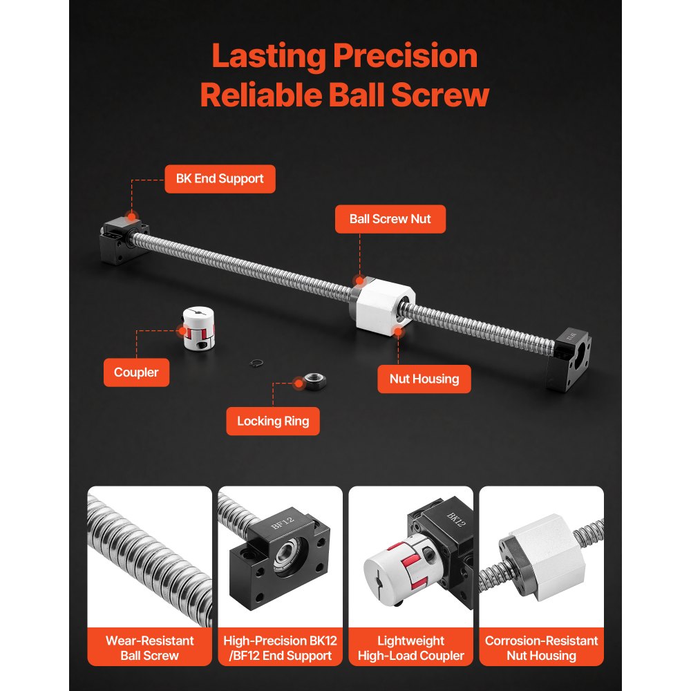 VEVOR Linear Rail Guide Kit, HGR20, 2PCS 600 mm (23.62 inch) Linear Rails and 1PCS Ball Screw, 4PCS Slide Blocks, with BF12/BK12 End Support, Coupling, and Nut Housing, for DIY CNC Routers Lathes
