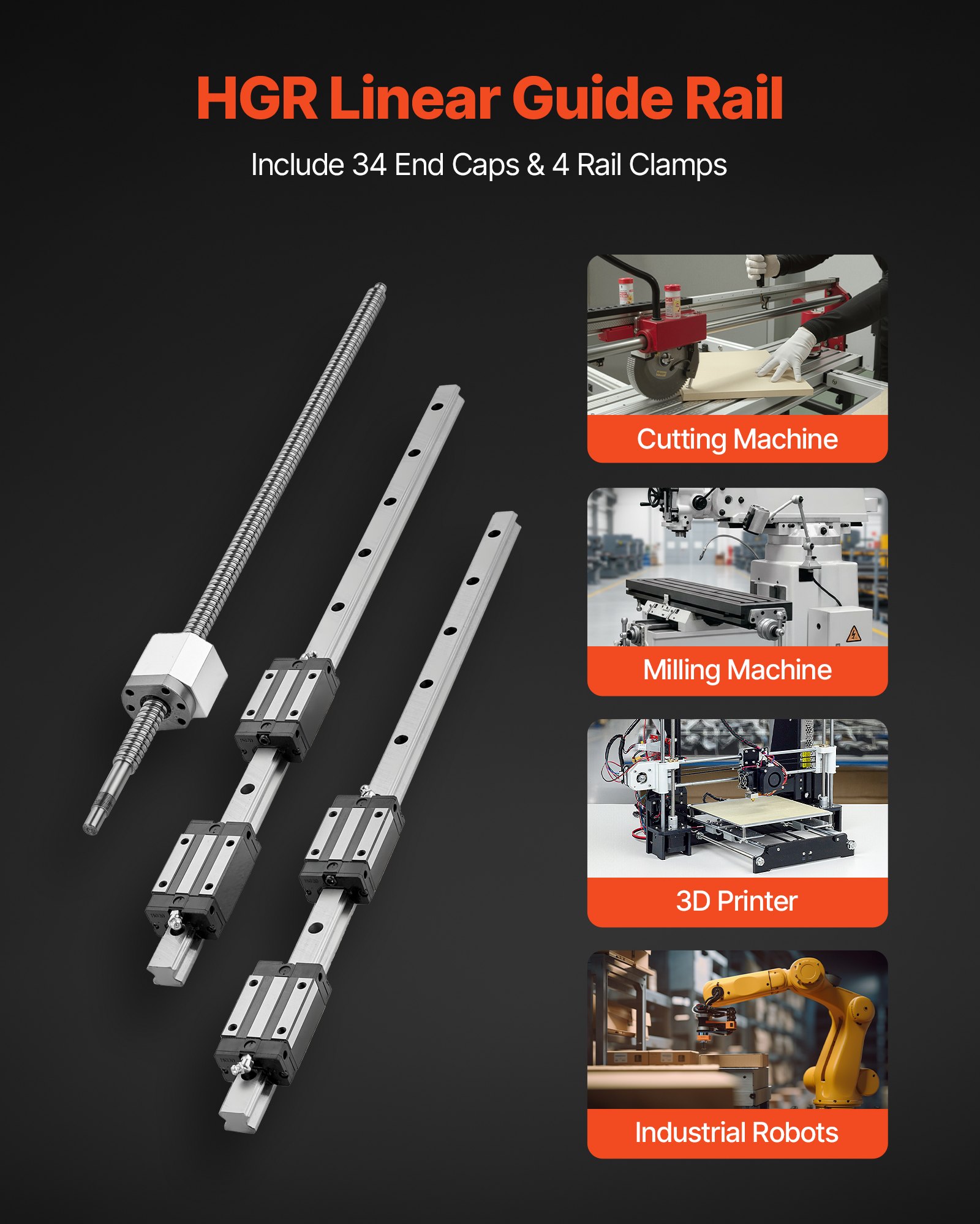VEVOR Linear Rail Guide Kit, HGR20, 2PCS 600 mm (23.62 inch) Linear Rails and 1PCS Ball Screw, 4PCS Slide Blocks, with BF12/BK12 End Support, Coupling, and Nut Housing, for DIY CNC Routers Lathes