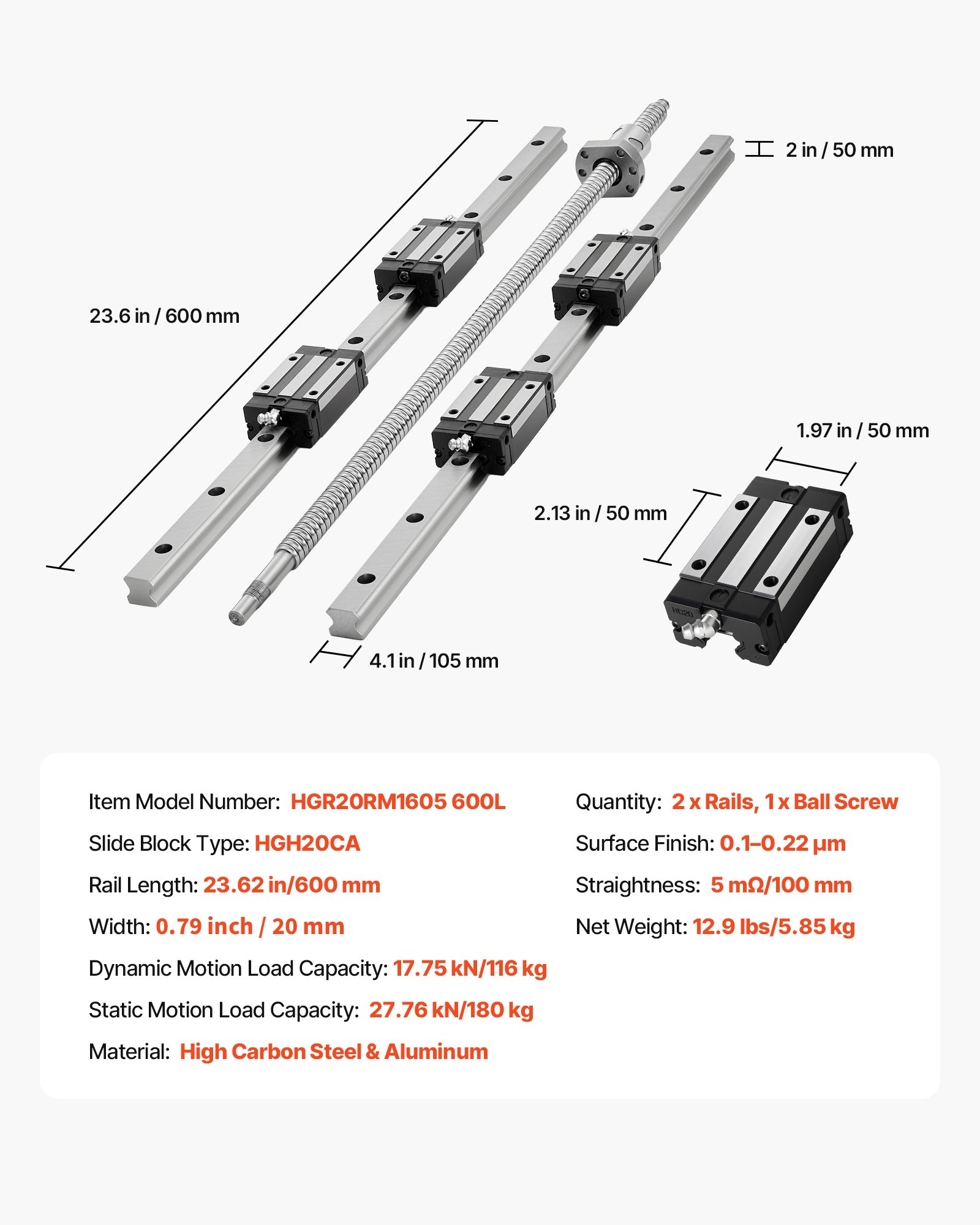 VEVOR Linear Rail Guide Kit, HGR20, 2PCS 600 mm (23.62 inch) Linear Rails and 1PCS Ball Screw, 4PCS Slide Blocks, with BF12/BK12 End Support, Coupling, and Nut Housing, for DIY CNC Routers Lathes