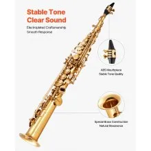 VEVOR Gold Brass Straight Soprano Saxophone B Flat Sax with Case Mouthpiece