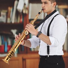 Gold Brass Straight Soprano Saxophone B Flat Sax with Case Straps Mouthpiece