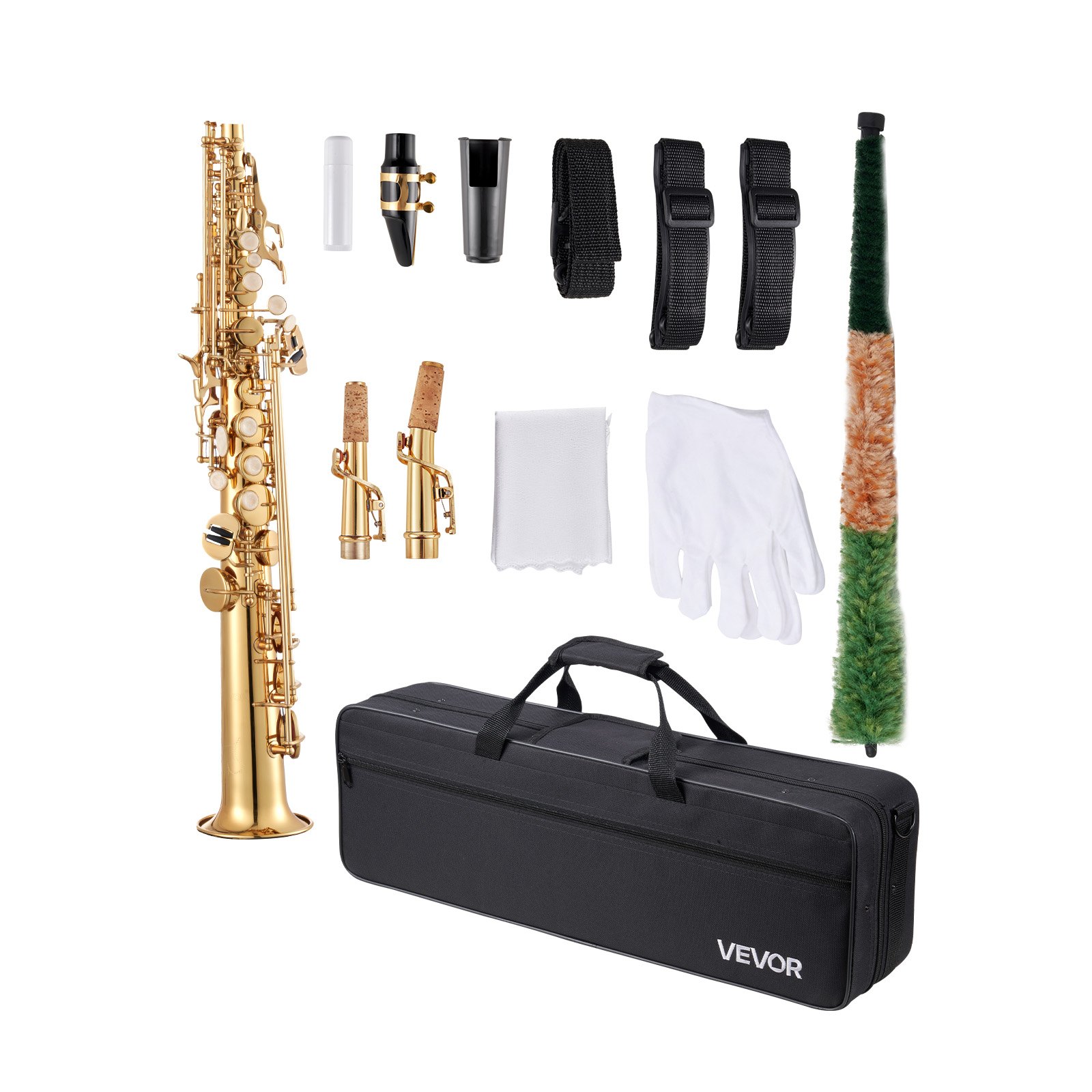 VEVOR Straight Soprano Saxophone, B Flat, Brass Saxophone Beginner Kit with Carrying Case, Mouthpiece, Cleaning Cloth Rod, Gloves, Neck Strap, 23 Keys Soprano Sax Kit, for Beginners Students, Gold