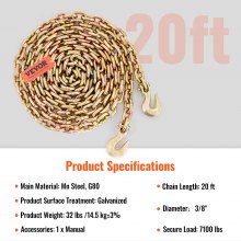 VEVOR Transport Binder Chain, 220 kg Working Load Limit, 3/8'' x 20' G80 Tow Chain Tie Down with Grab Hooks, DOT Certified, Galvanized Coating Manganese Steel for Dock Factory Construction Site