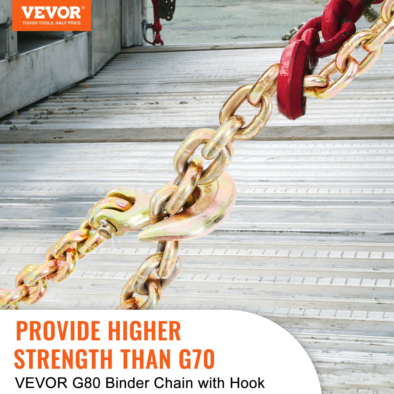 VEVOR transport binder chain with hook, providing higher strength than g70, set against a metal background.