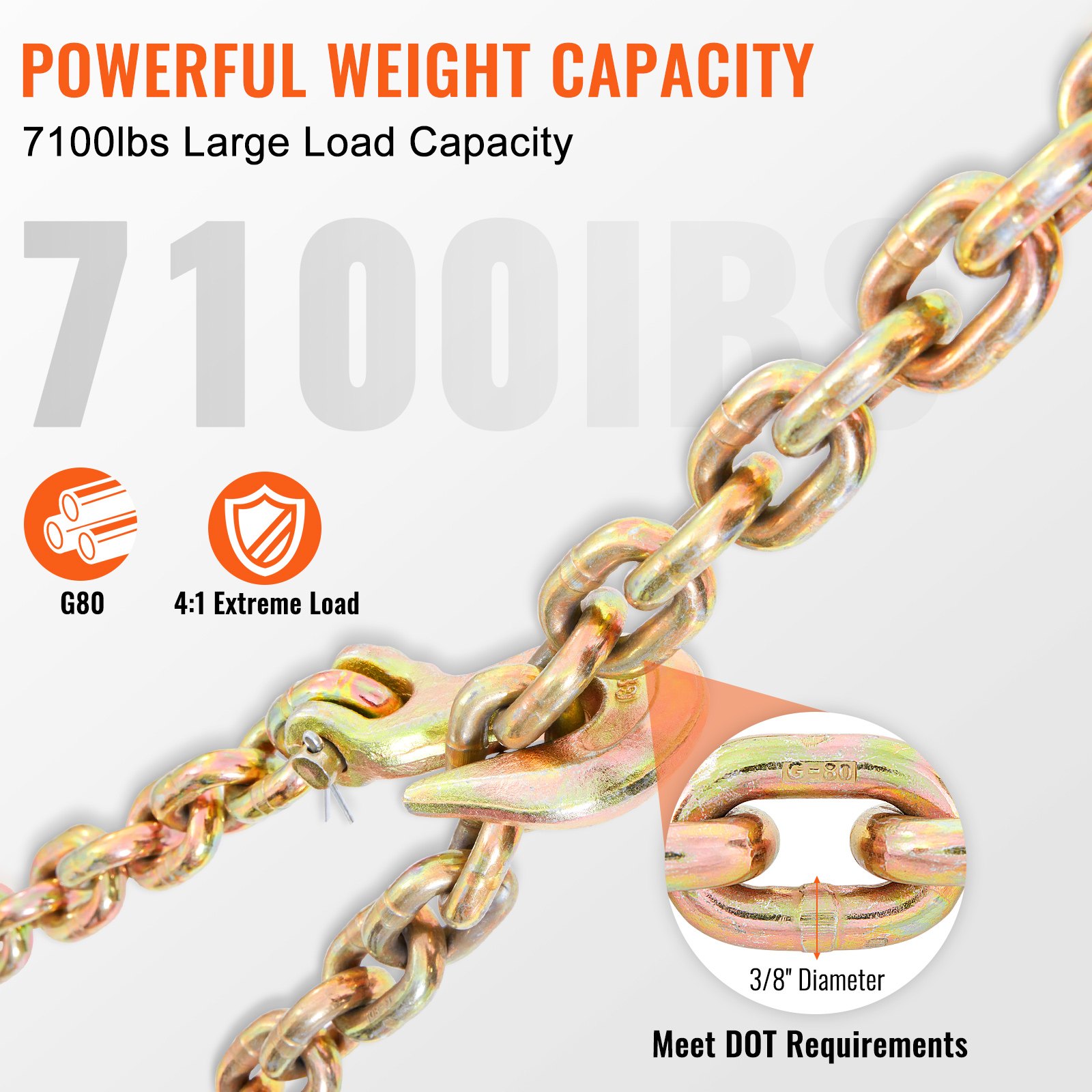 VEVOR transport binder chain with 7100lbs weight capacity, 3/8&quot; diameter, g80 rating, and dot compliance.