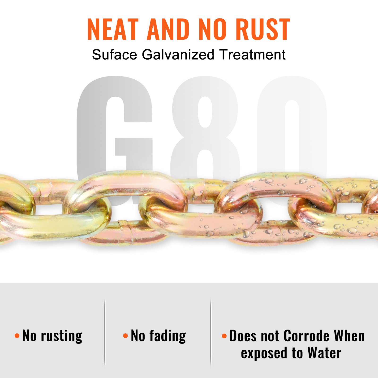 VEVOR transport binder chain with g80 grade, galvanized for no rust, no fading, and water resistance.