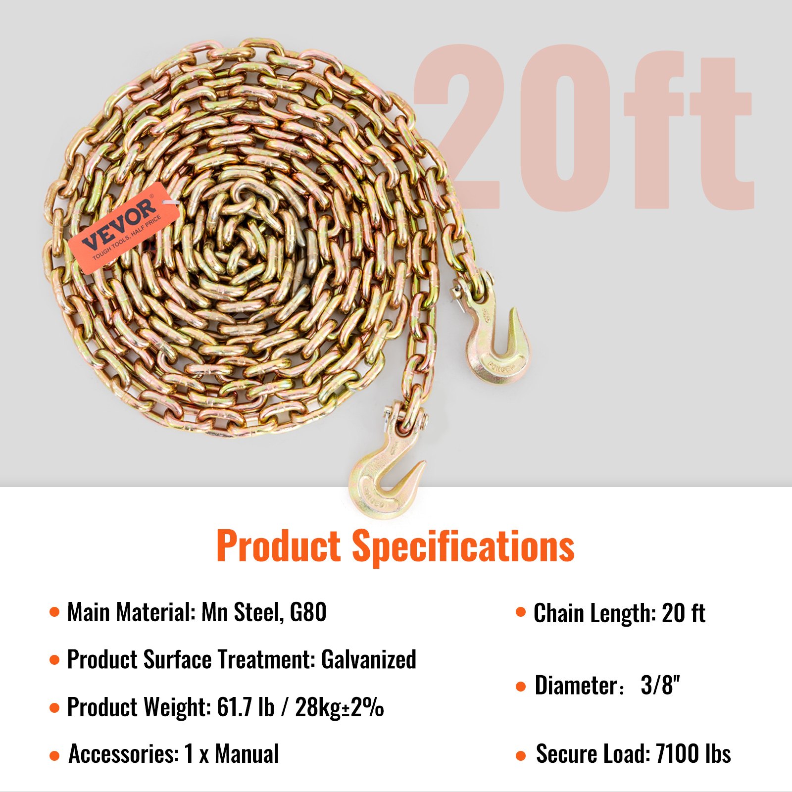 VEVOR transport binder chain, 20ft galvanized steel chain with hooks, product specifications listed.
