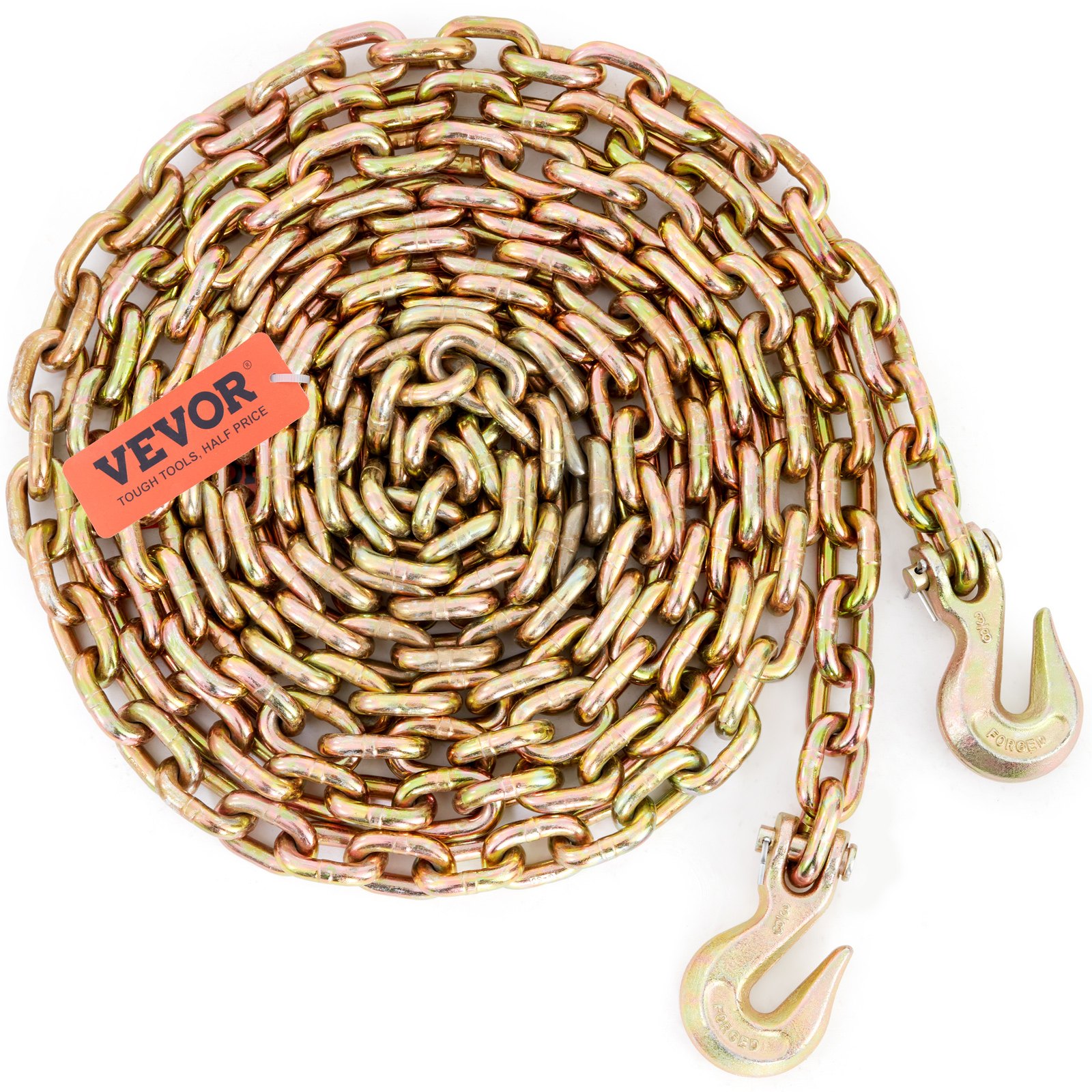 coiled VEVOR transport binder chain with two hooks and branded tag on white background.