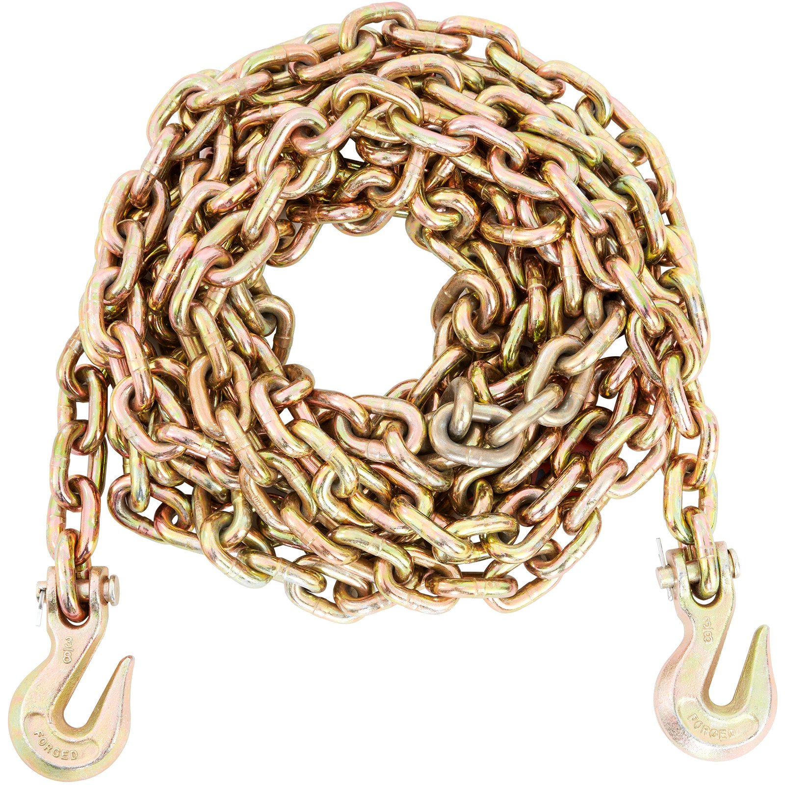 coiled metal chain with attached hooks, showcasing the VEVOR transport binder chain.