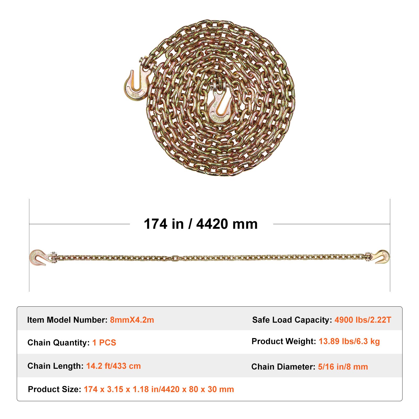 VEVOR G80 Transport Binder Chain, 5/16" x 14.2' Tow Chain with Clevis Grab Hooks, 4900 lbs Safe Working Load, Heavy Duty Trailer Logging Chain for Transporting Towing Truck Tie Down Binding Equipment