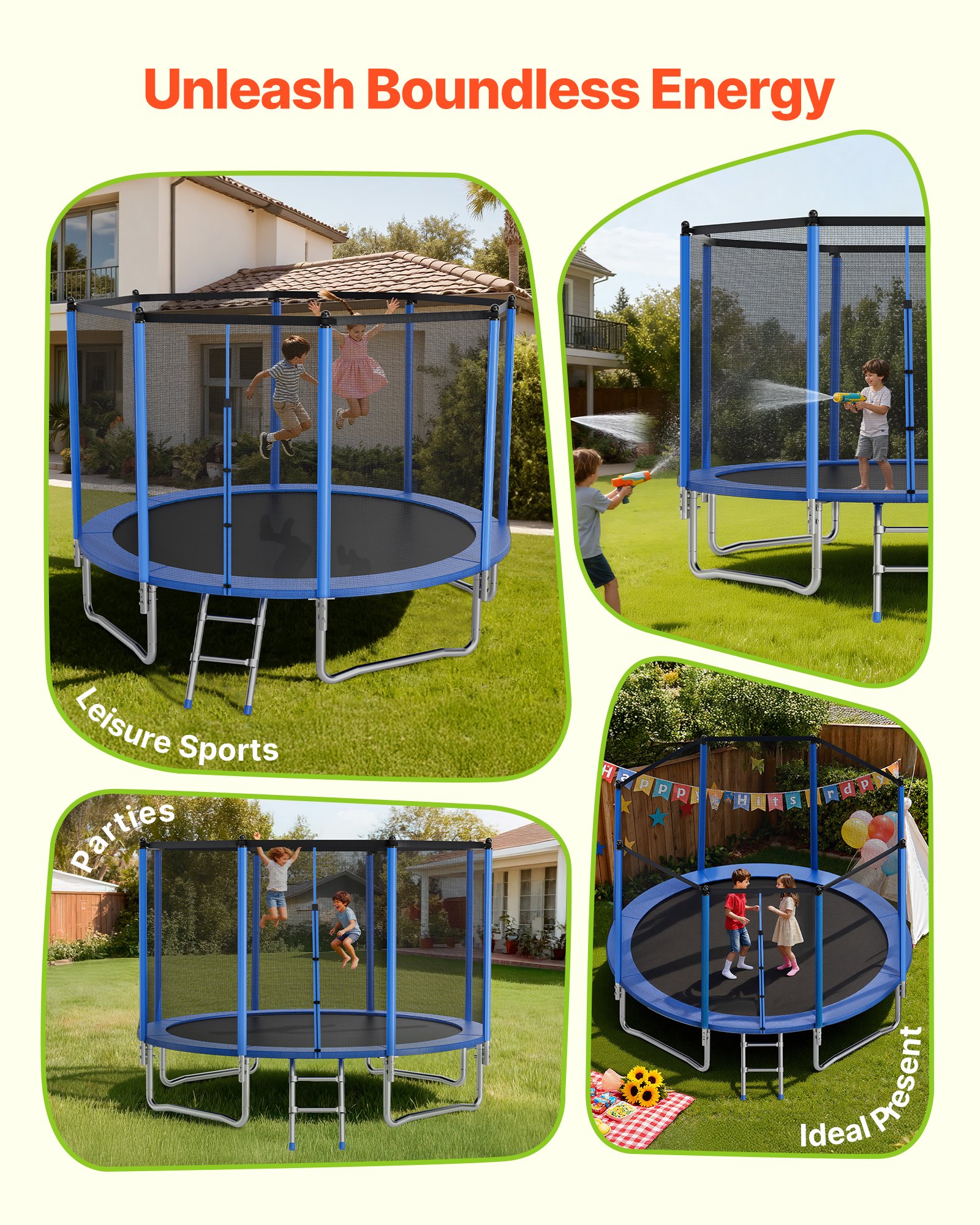 VEVOR Outdoor Trampoline, 14FT Round Recreational Trampoline with Enclosure Net, ASTM Approved, Heavy Duty Trampolines, Max 450 lbs Weight Capacity, Anti-Rust Backyard Trampolines for Kids & Adults