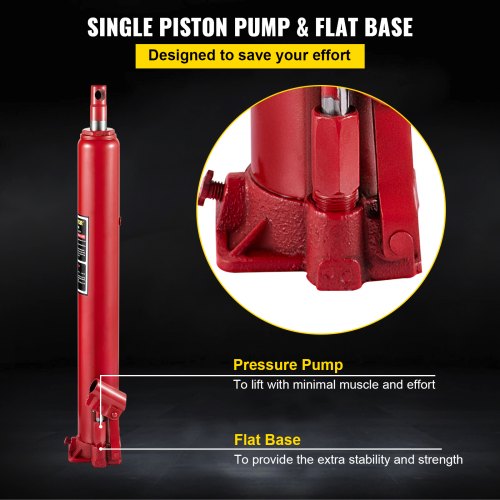 VEVOR Hydraulic Long Ram Jack, 12 Tons/26455 lbs Capacity, with Single Piston Pump and Flat Base, Manual Cherry Picker w/Handle, for Garage/Shop Cranes, Engine Lift Hoist, Red