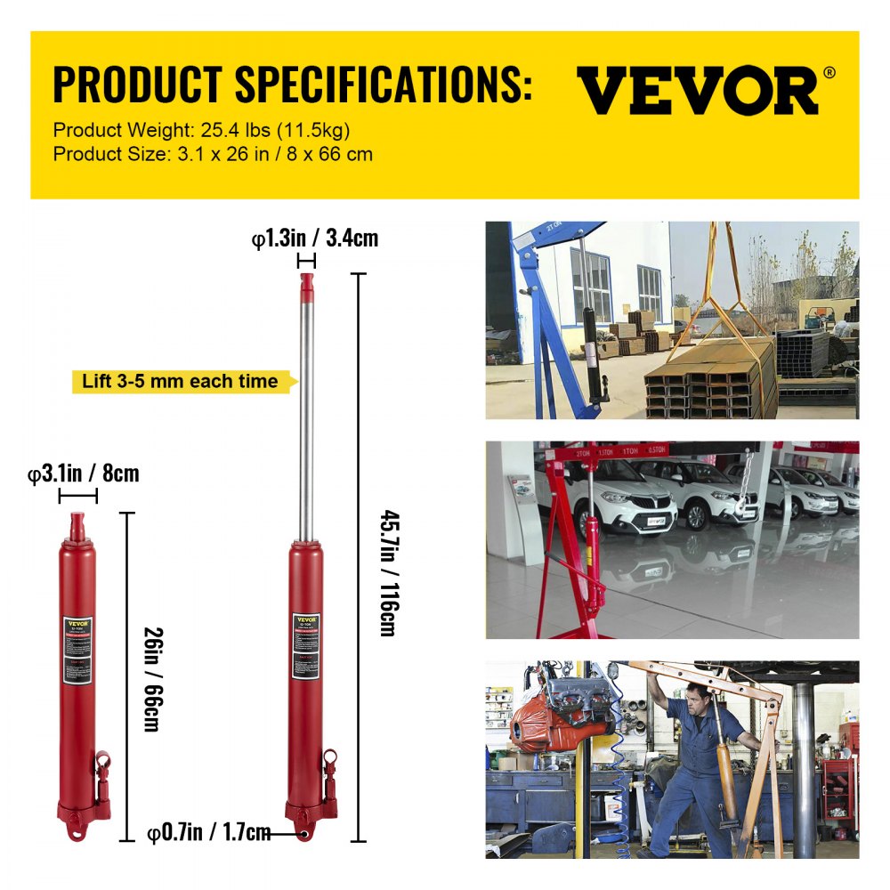 VEVOR Hydraulic Long Ram Jack, 12 Tons/26455 lbs Capacity, with Single Piston Pump and Clevis Base, Manual Cherry Picker with Handle, for Garage/Shop Cranes, Engine Lift Hoist, Red