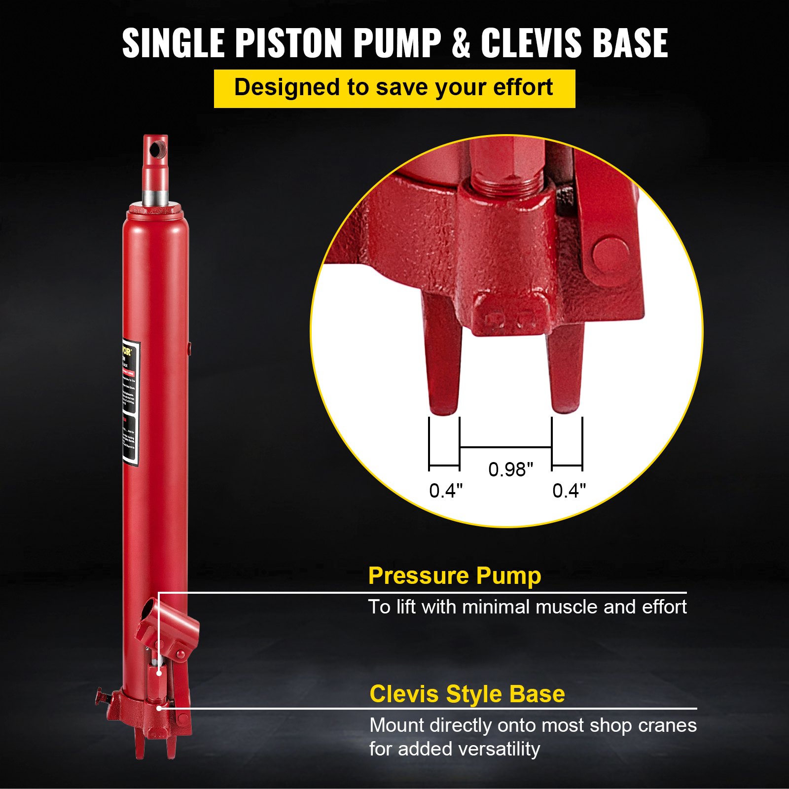 VEVOR Hydraulic Long Ram Jack, 3 Tons/6600 lbs Capacity, with Single Piston Pump and Clevis Base, Manual Cherry Picker with Handle, for Garage/Shop Cranes, Engine Lift Hoist, Red