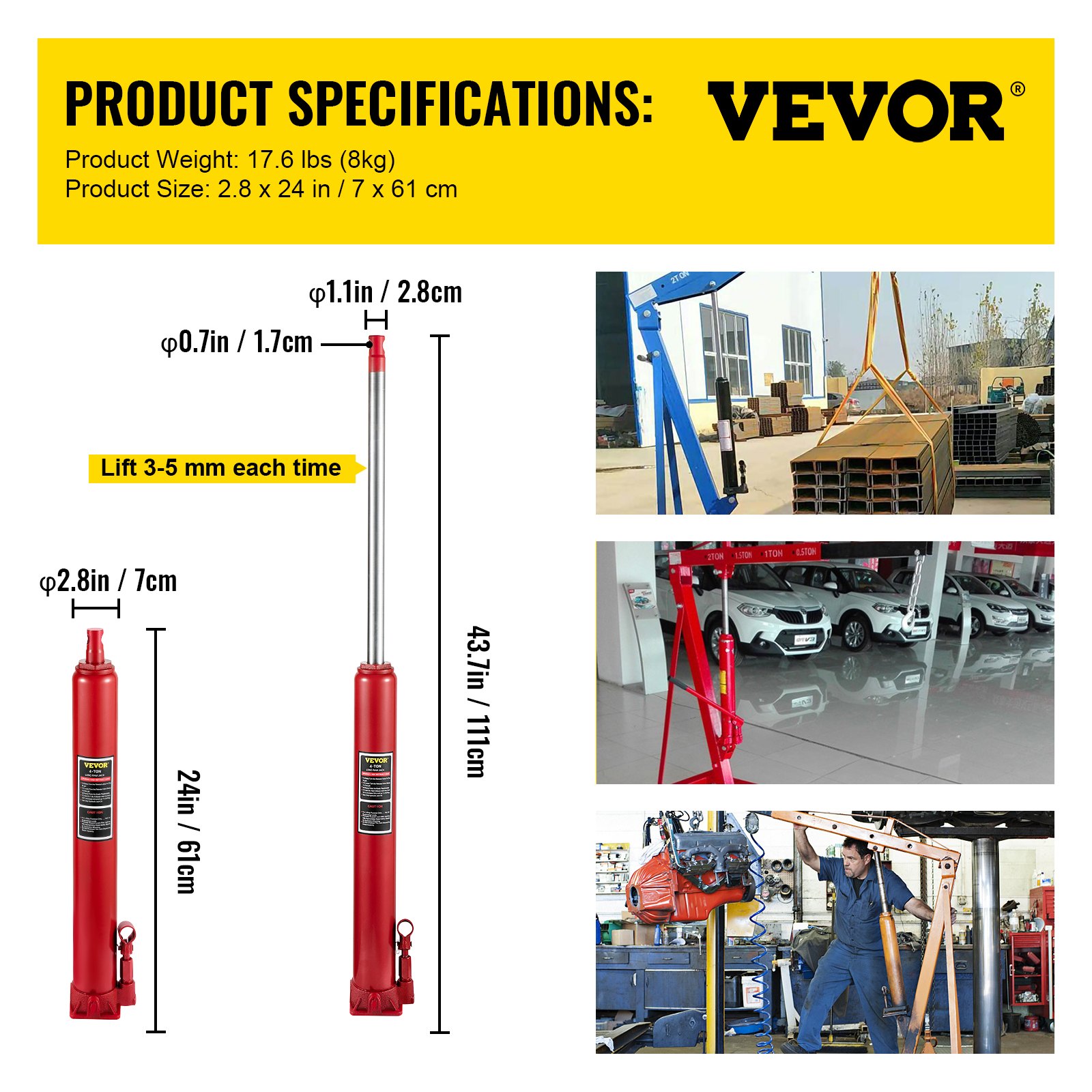VEVOR Hydraulic Long Ram Jack, 4 Tons/8818 lbs Capacity, with Single Piston Pump and Flat Base, Manual Cherry Picker with Handle, for Garage/Shop Cranes, Engine Lift Hoist, Red