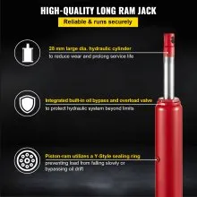 VEVOR Hydraulic Long Ram Jack, 8 Tons/17363 lbs Capacity, with Single Piston Pump and Clevis Base, Manual Cherry Picker with Handle, for Garage/Shop Cranes, Engine Lift Hoist, Red