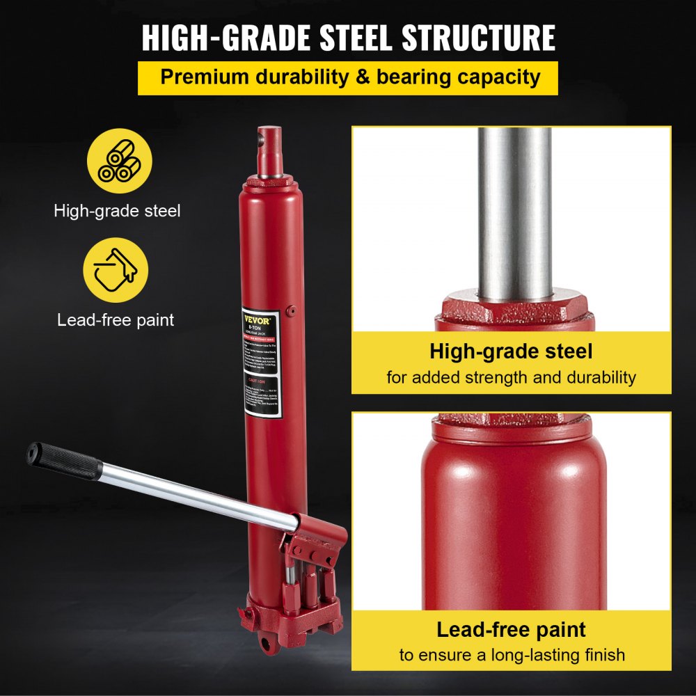 VEVOR Hydraulic Long Ram Jack, 8 Tons/17636 lbs Capacity, with Dual Piston Pump and Clevis Base, Manual Cherry Picker with Handle, for Garage/Shop Cranes, Engine Lift Hoist, Red