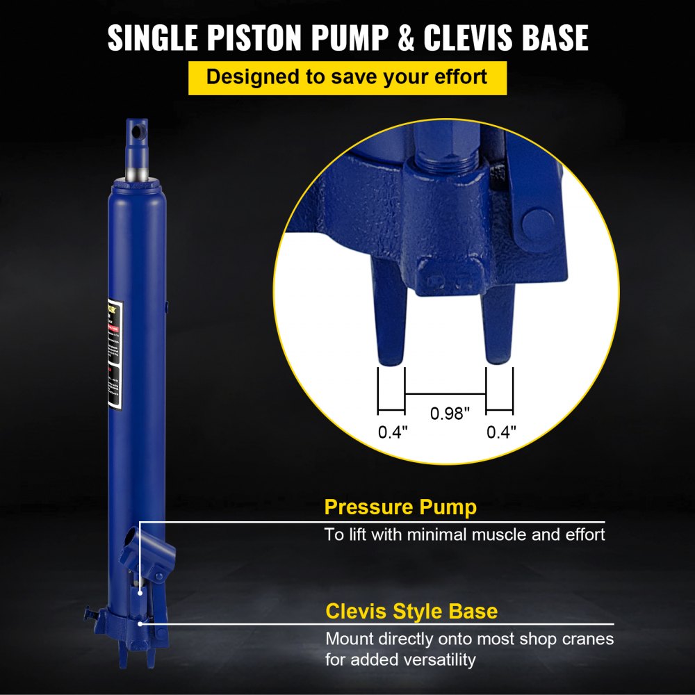 VEVOR Hydraulic Long Ram Jack, 8 Tons/17363 lbs Capacity, with Single Piston Pump and Clevis Base, Manual Cherry Picker with Handle, for Garage/Shop Cranes, Engine Lift Hoist, Blue