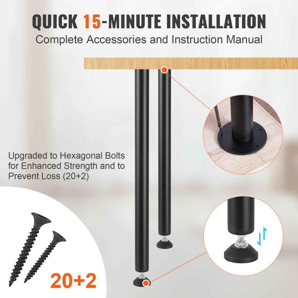 quick 15-minute installation for VEVOR desk legs with hexagonal bolts and included accessories.