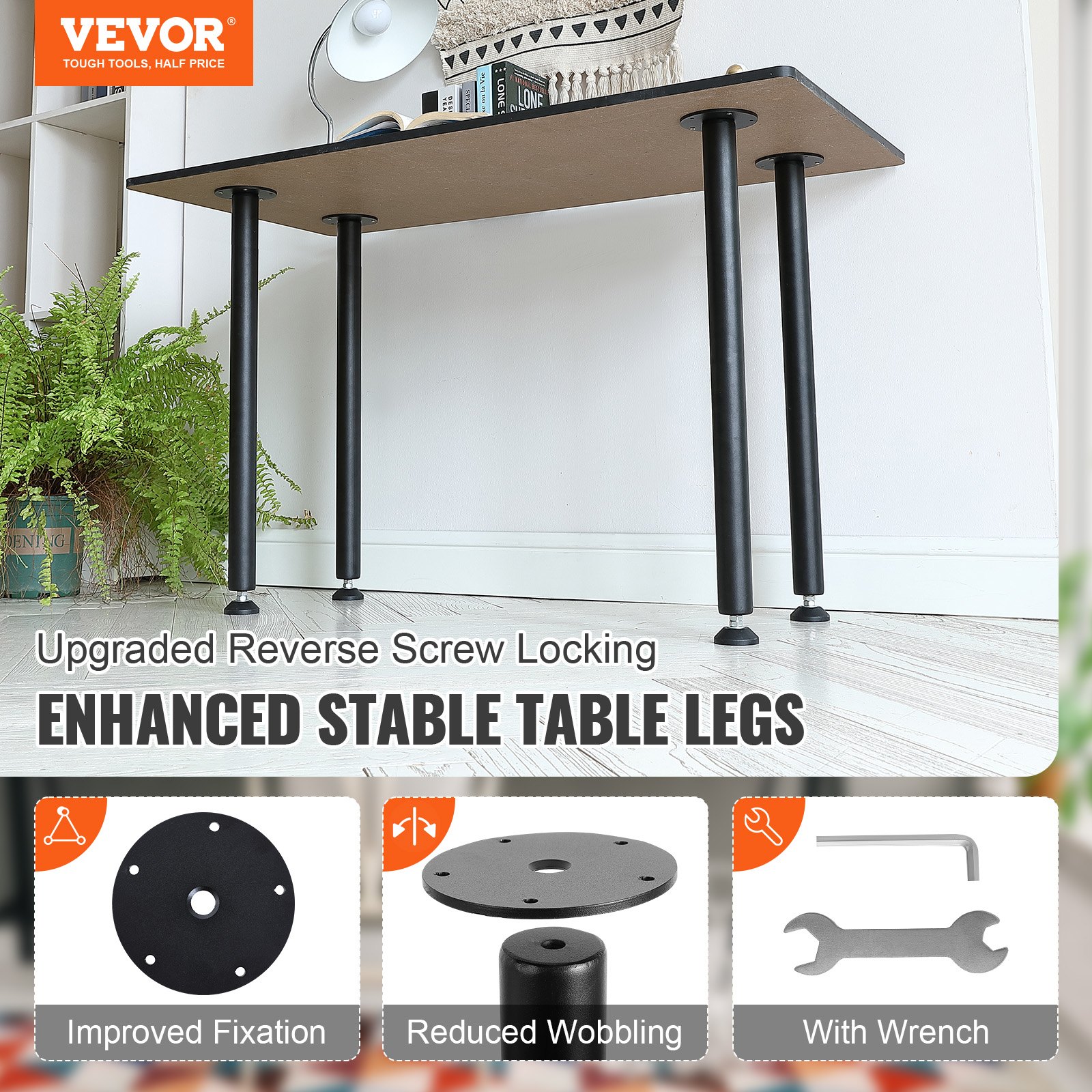 VEVOR desk legs with reverse screw locking, improving stability and reducing wobbling.