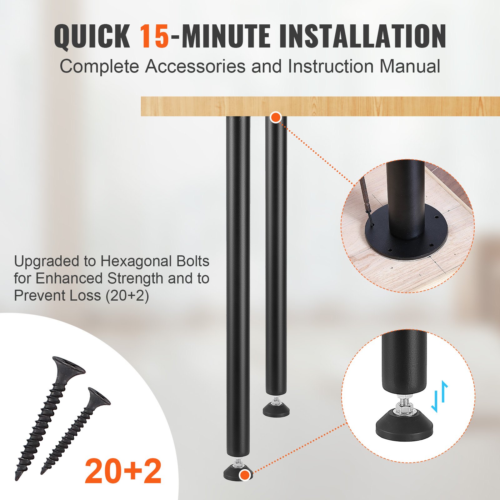 quick 15-minute installation for VEVOR desk legs with hexagonal bolts and included accessories.