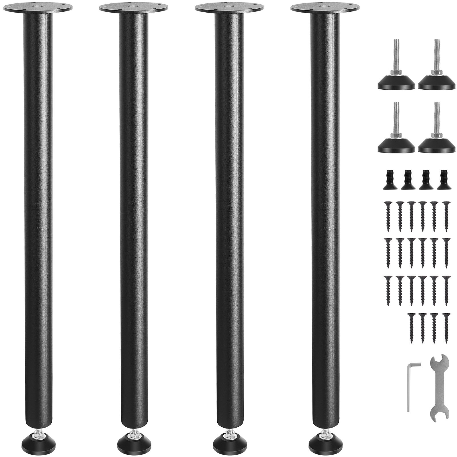 black VEVOR desk legs with adjustable feet, screws, and wrench in a complete set.