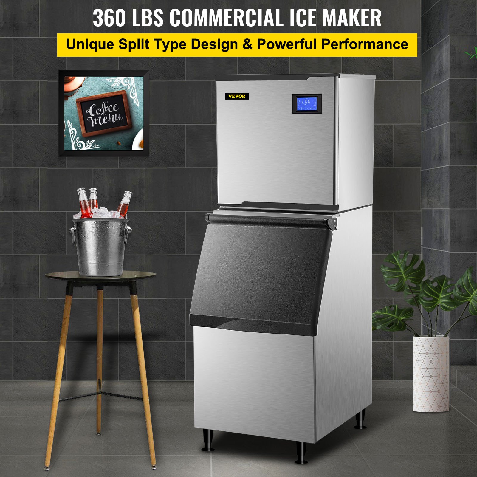 VEVOR 110V Commercial Ice Maker 360LB/24H, Industrial Modular Stainless Steel Ice Machine with 250LB Large Storage Bin, 195PCS Ice Cubes Ready in 8-15 Mins, Professional Refrigeration Equipment