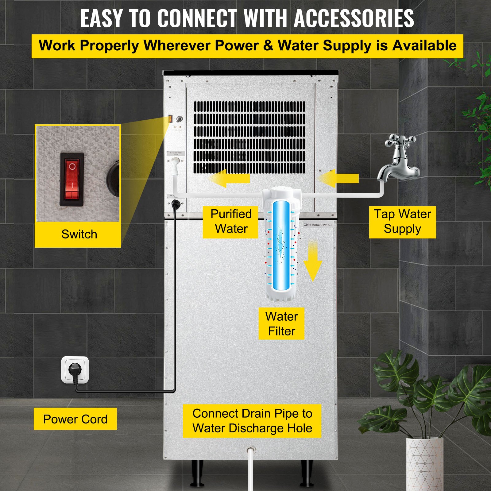 VEVOR 110V Commercial Ice Maker 360LB/24H, Industrial Modular Stainless Steel Ice Machine with 250LB Large Storage Bin, 195PCS Ice Cubes Ready in 8-15 Mins, Professional Refrigeration Equipment