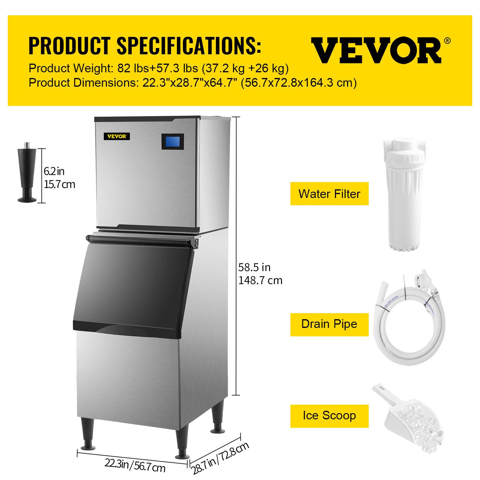 VEVOR 110V Commercial Ice Maker 360LB/24H, Industrial Modular Stainless Steel Ice Machine with 250LB Large Storage Bin, 195PCS Ice Cubes Ready in 8-15 Mins, Professional Refrigeration Equipment