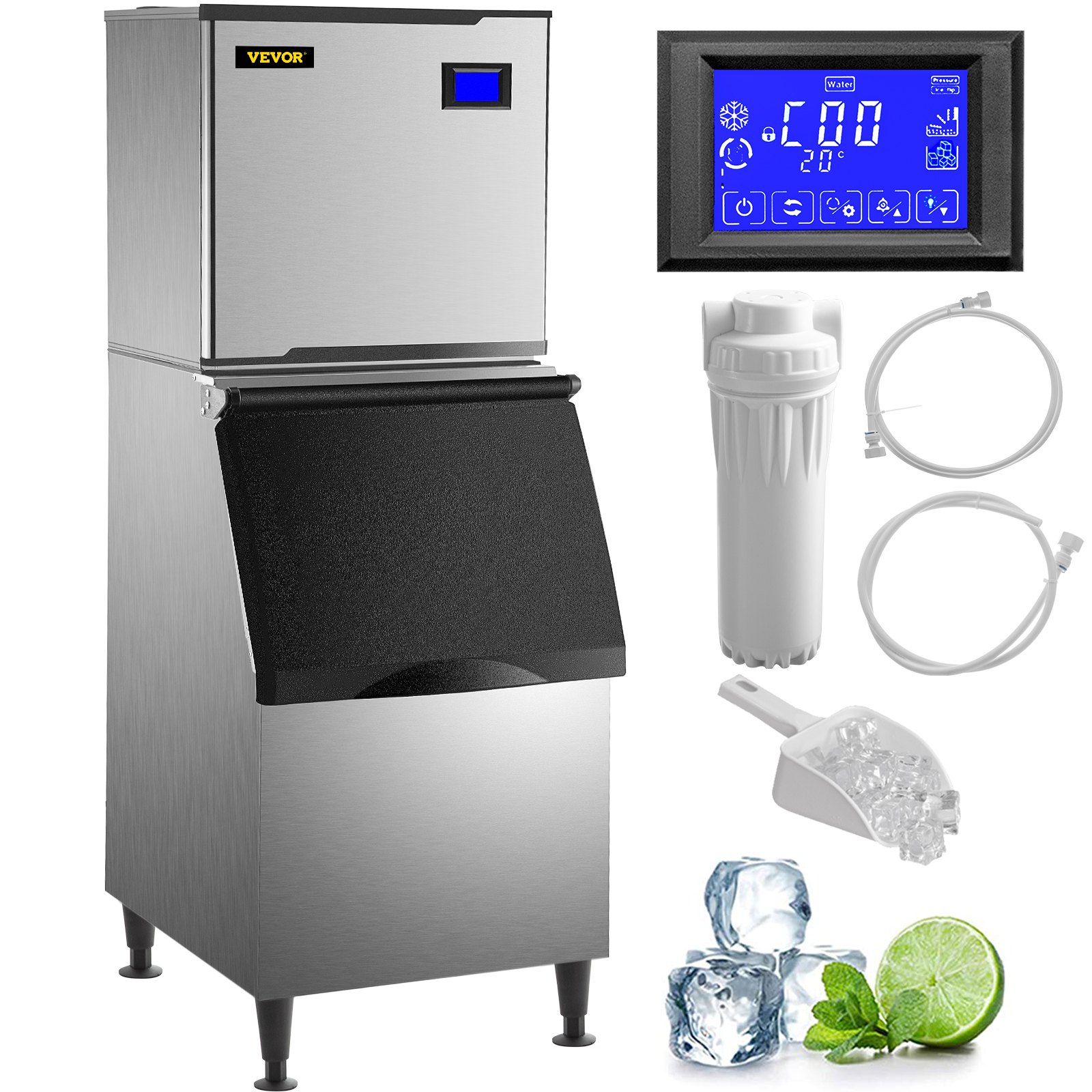 VEVOR 110V Commercial Ice Maker 360LB/24H, Industrial Modular Stainless Steel Ice Machine with 250LB Large Storage Bin, 195PCS Ice Cubes Ready in 8-15 Mins, Professional Refrigeration Equipment