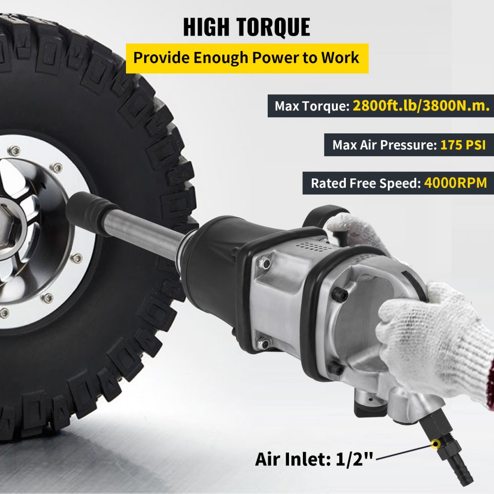VEVOR 3800N.M 1" Air Impact Wrench Pneumatic Long Nose 3800 Ft lbs Long Shank 8inch 4000RPM Heavy Duty Car Workshops Busy Garages