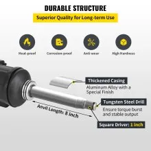 VEVOR 1 Inch Heavy Duty Pneumatic Impact Wrench 3800 Nm?2804ft.lbs? AIR Impact Wrench with 8Inch Extended Anvil Impact Wrench Gun