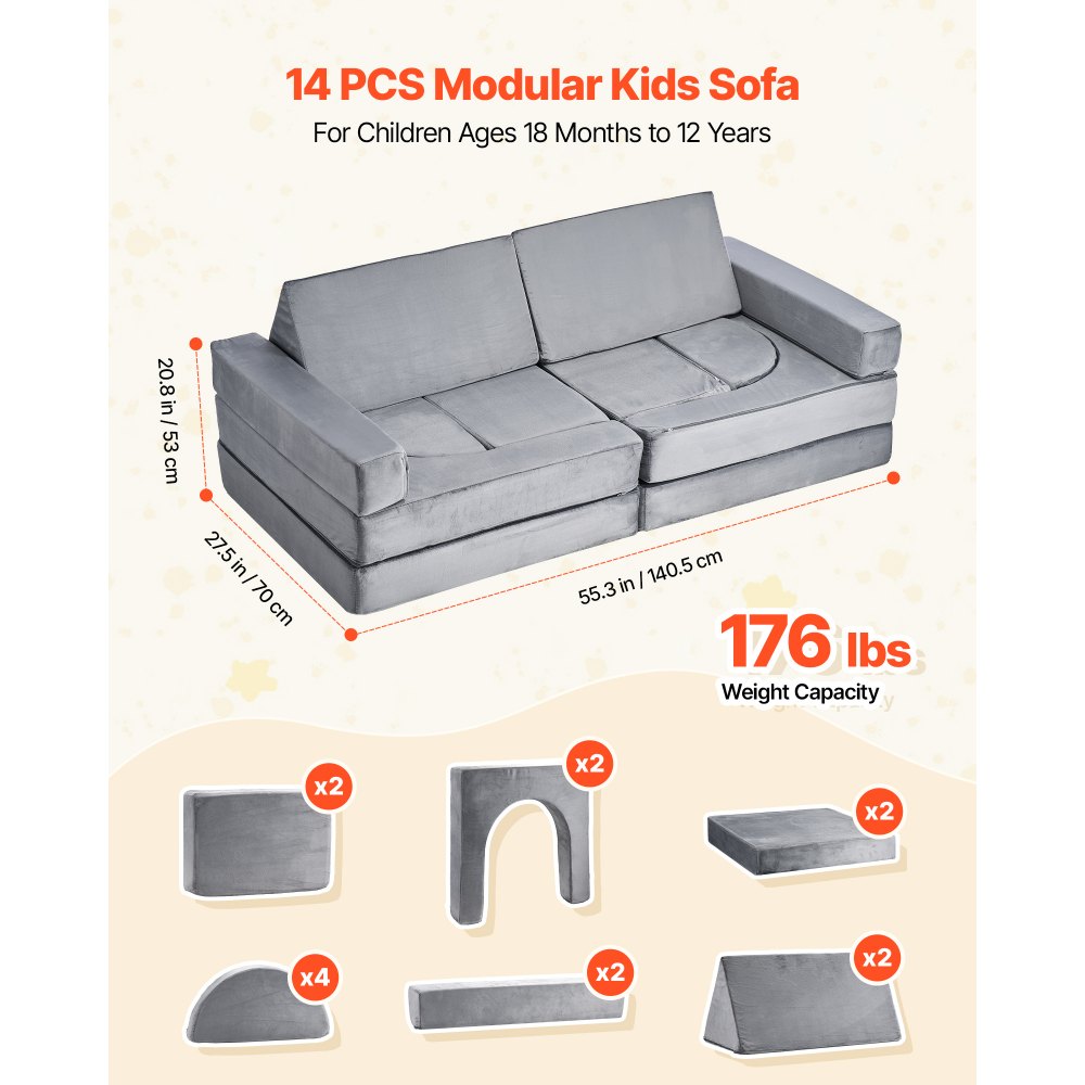 VEVOR Modular Kids Play Couch, Sectional Toddler Sofa with Armrests, 28D Sponge & Short Pile, Convertible Kids Modular Couch DIY Creative Combination for Playroom, Bedroom, Living Room, 14 Pcs, Gray