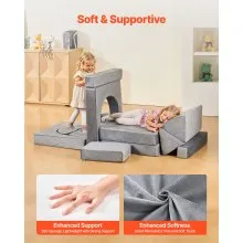 VEVOR Modular Kids Play Couch, Sectional Toddler Sofa with Armrests, 28D Sponge & Short Pile, Convertible Kids Modular Couch DIY Creative Combination for Playroom, Bedroom, Living Room, 14 Pcs, Gray