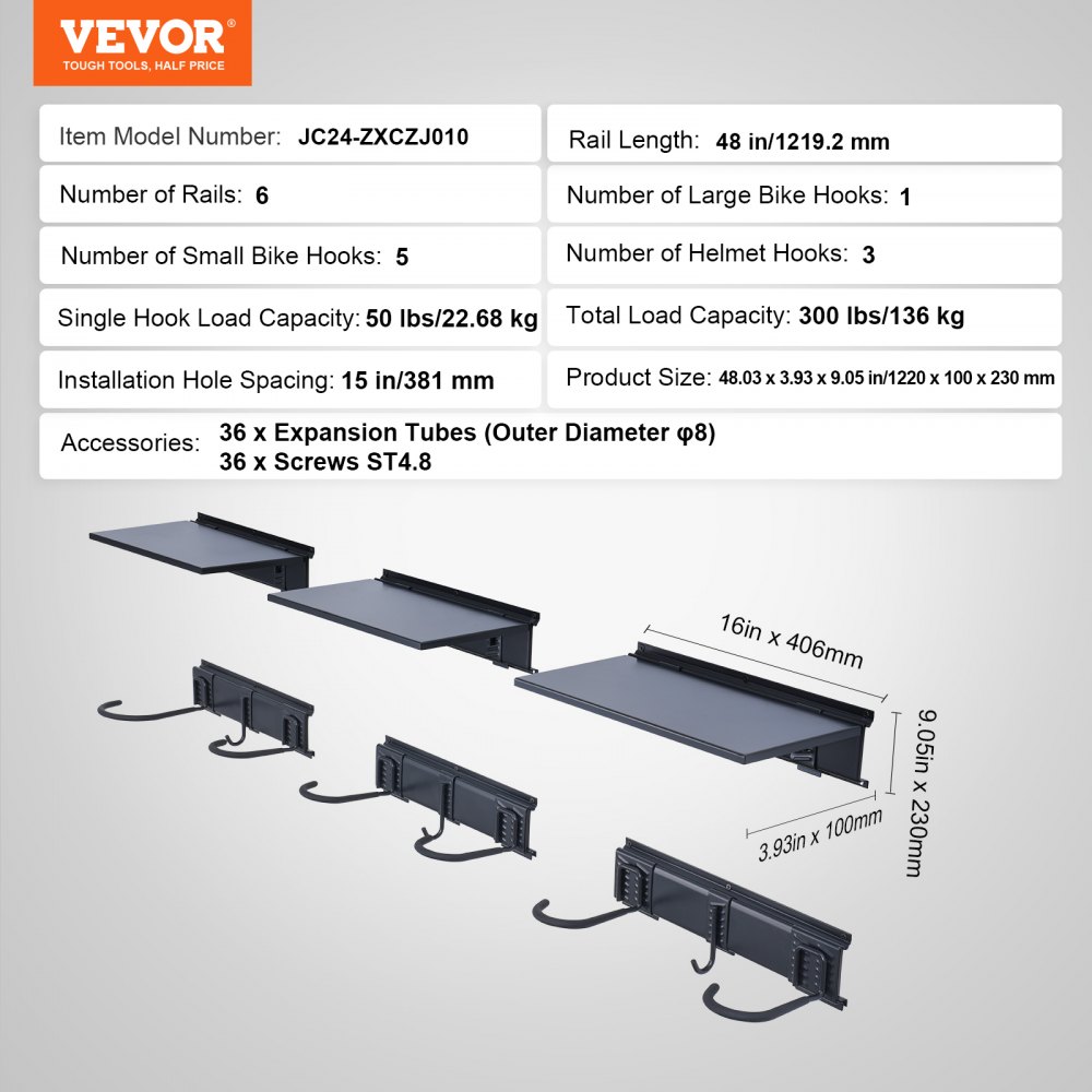VEVOR Bike Storage Rack, 6 Bike Racks and 3 Helmets Hooks, Wall Mount Bike Storage Hanger with 3 Shelves, Home & Garage Organizer, Customizable for Various Bike Sizes, Holds Up to 300 lbs, 48-inch