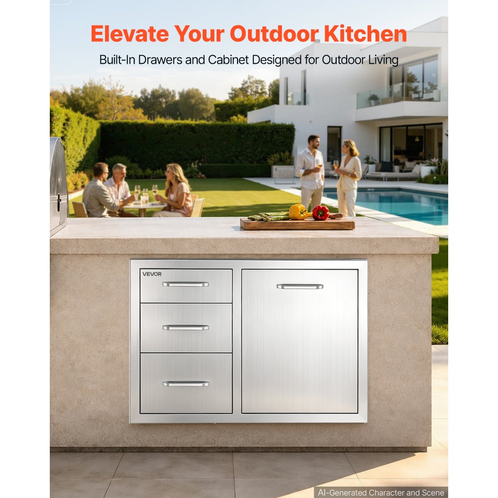 VEVOR Outdoor Kitchen Drawer Combo, 57.2 x 52.1 x 76.2 cm (WxHxD), Propane, for BBQ Island Storage, Patio Bars and Grill Station, with Handle, Built-In BBQ Island Drawers Organize Cookware Accessories