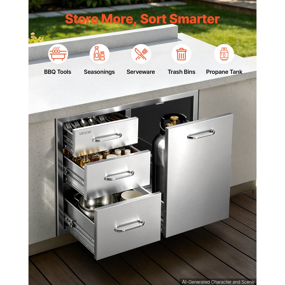 VEVOR Outdoor Kitchen Drawer Combo, 57.2 x 52.1 x 76.2 cm (WxHxD), Propane, for BBQ Island Storage, Patio Bars and Grill Station, with Handle, Built-In BBQ Island Drawers Organize Cookware Accessories