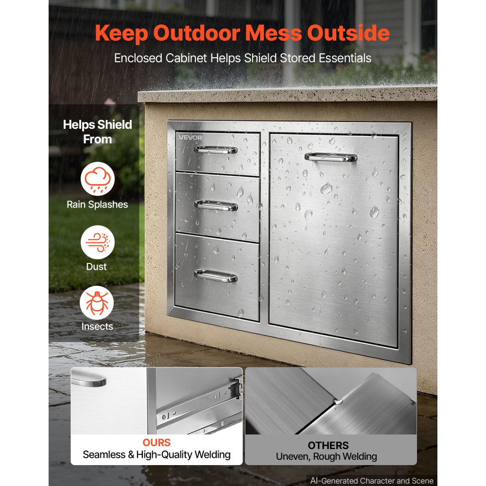 VEVOR Outdoor Kitchen Drawer Combo, 57.2 x 52.1 x 76.2 cm (WxHxD), Propane, for BBQ Island Storage, Patio Bars and Grill Station, with Handle, Built-In BBQ Island Drawers Organize Cookware Accessories