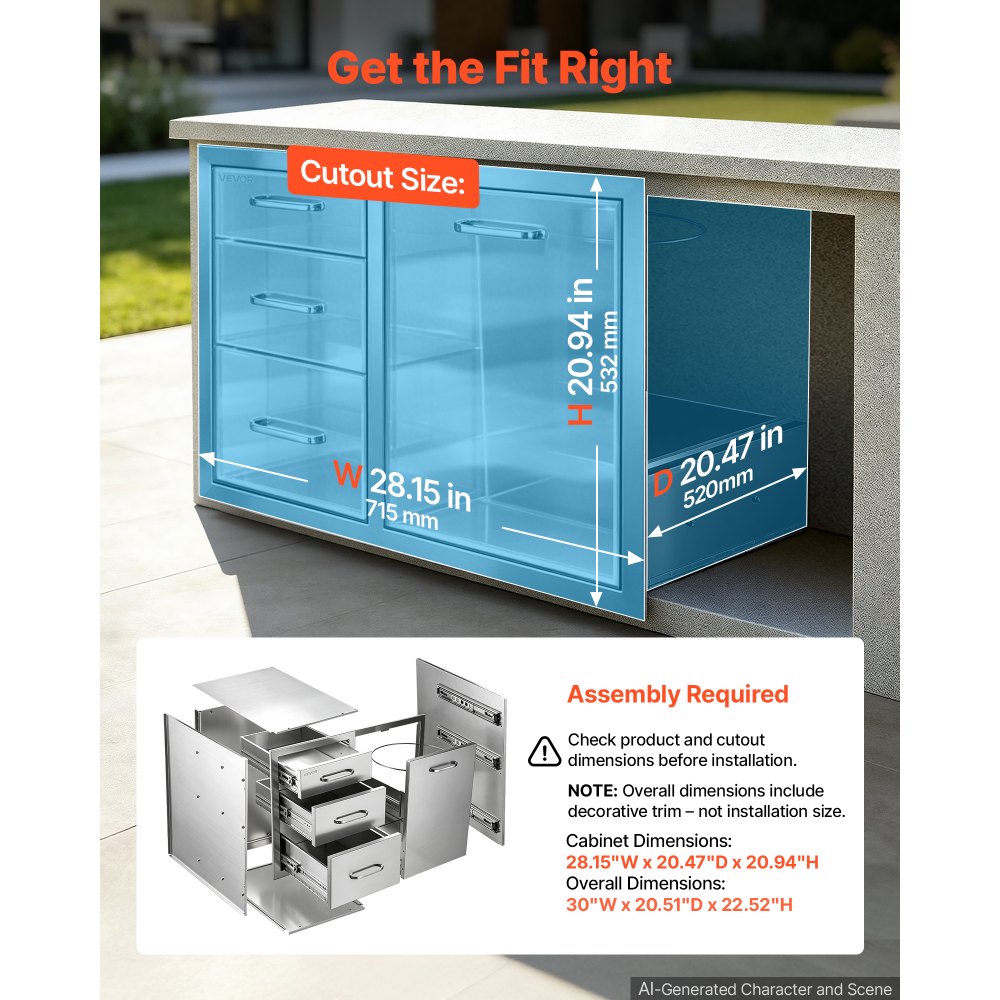 VEVOR Outdoor Kitchen Drawer Combo, 57.2 x 52.1 x 76.2 cm (WxHxD), Propane, for BBQ Island Storage, Patio Bars and Grill Station, with Handle, Built-In BBQ Island Drawers Organize Cookware Accessories