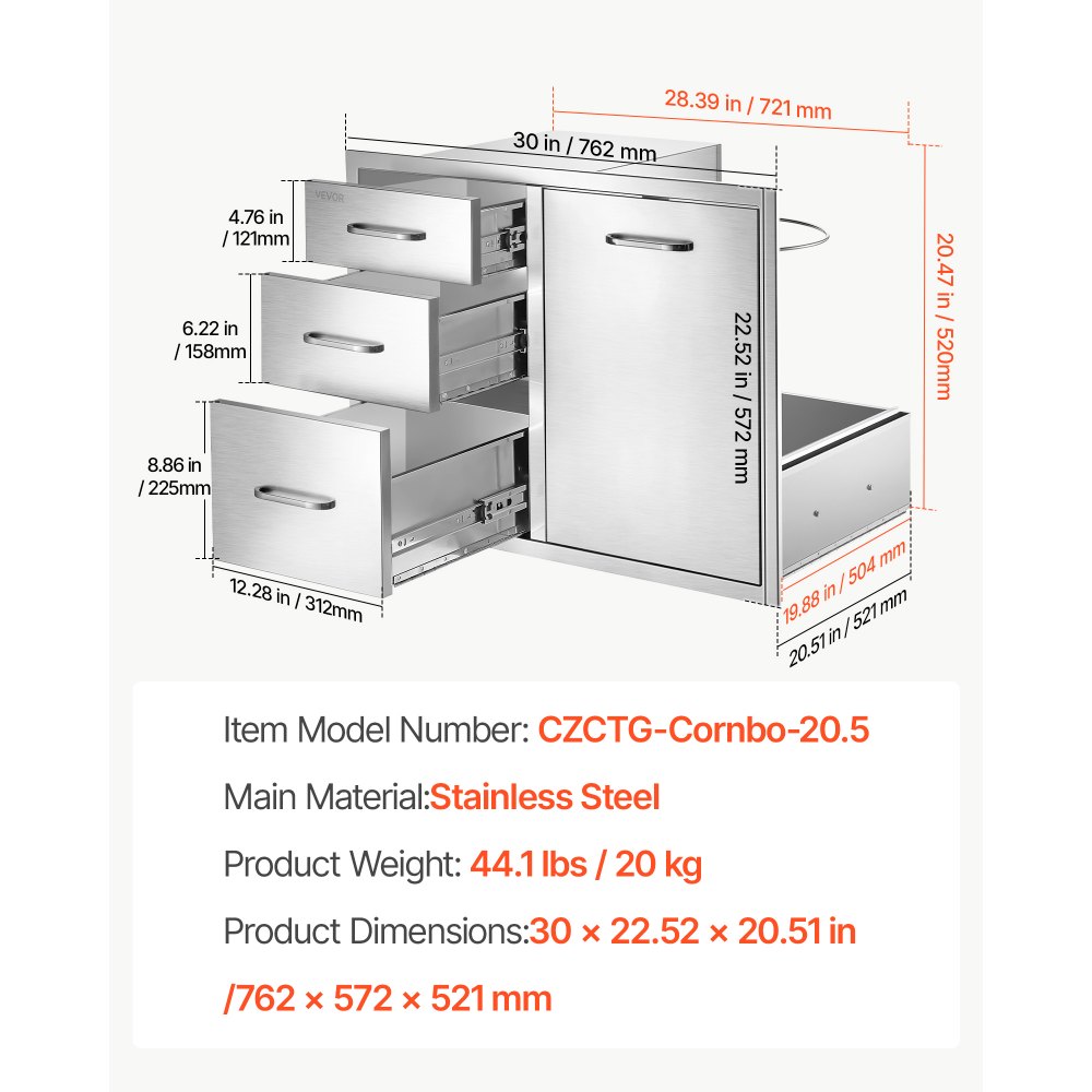 VEVOR Outdoor Kitchen Drawer Combo, 57.2 x 52.1 x 76.2 cm (WxHxD), Propane, for BBQ Island Storage, Patio Bars and Grill Station, with Handle, Built-In BBQ Island Drawers Organize Cookware Accessories
