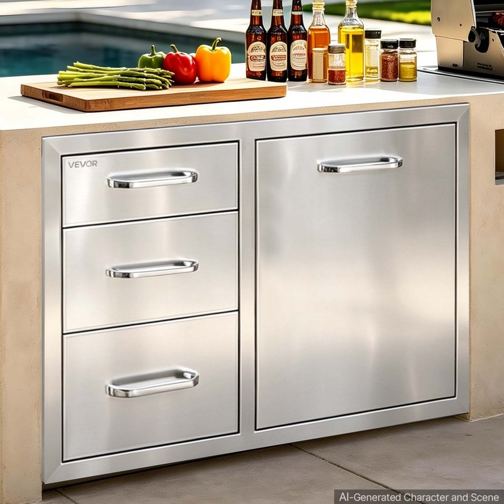 VEVOR Outdoor Kitchen Drawer Combo, 57.2 x 52.1 x 76.2 cm (WxHxD), Propane, for BBQ Island Storage, Patio Bars and Grill Station, with Handle, Built-In BBQ Island Drawers Organize Cookware Accessories